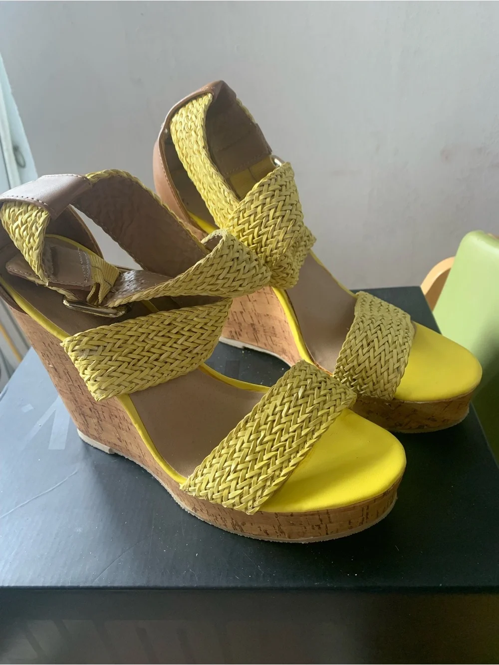 Woven Yellow Platform Wedge Sandals - Women, size 8
